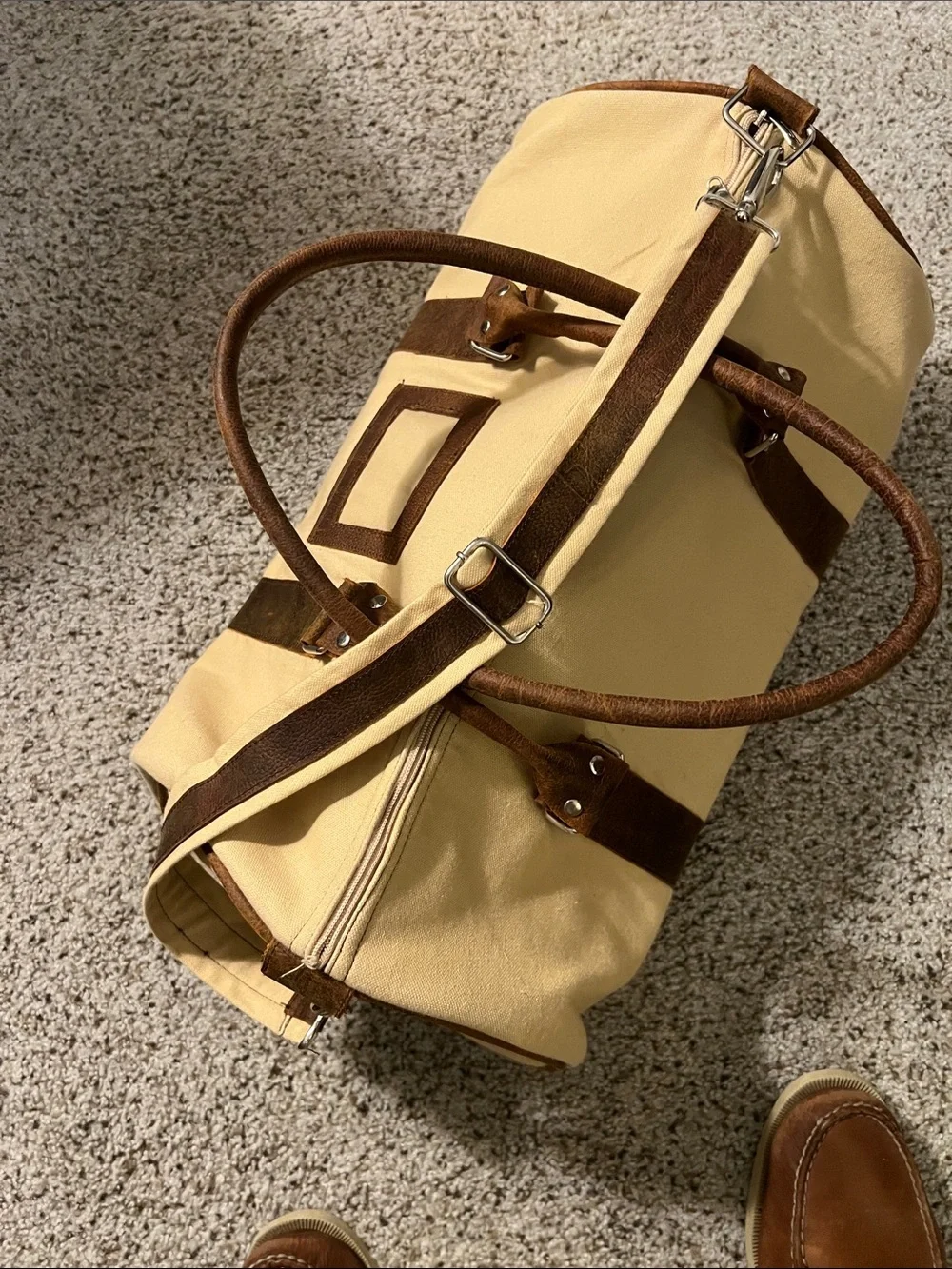 Canvas Duffel Bag with Brown Leather Handles and Accents - Beige